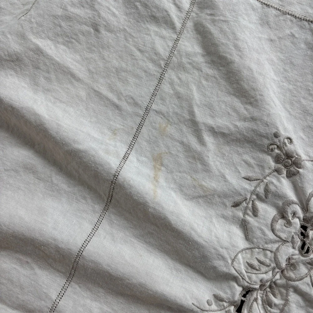 Vintage Cream Embroidered Linen Tablecloth + Table Runner Cutwork Lace  59x48